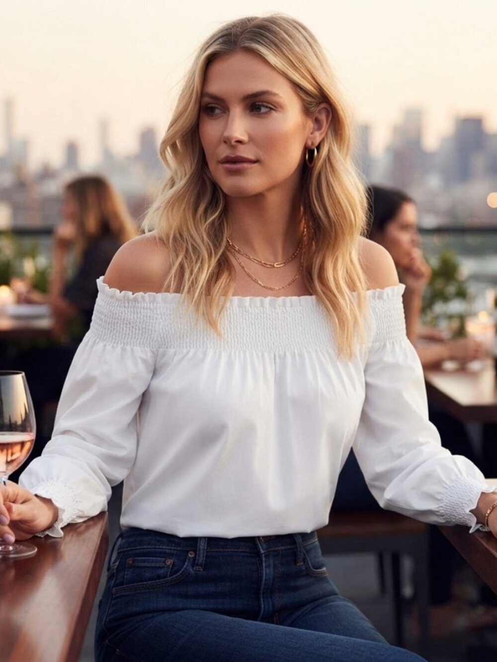 Central Park West White Off-The-Shoulder Smocked Cotton Blouse Small